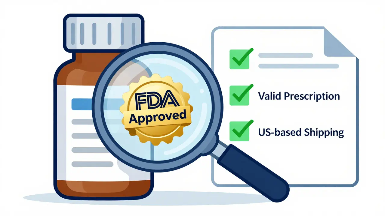 Magnifying glass examining an FDA approved generic medication bottle with a safety checklist.
