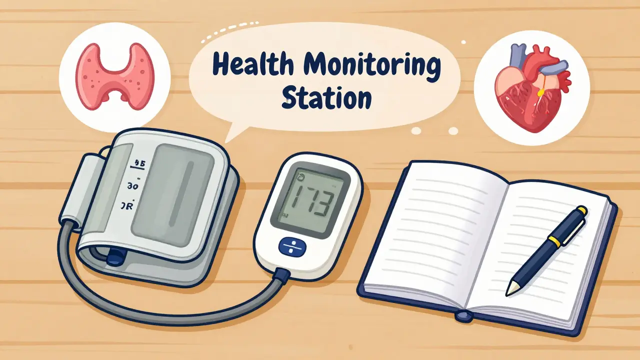 Medical monitoring tools including a blood pressure cuff and a health diary.