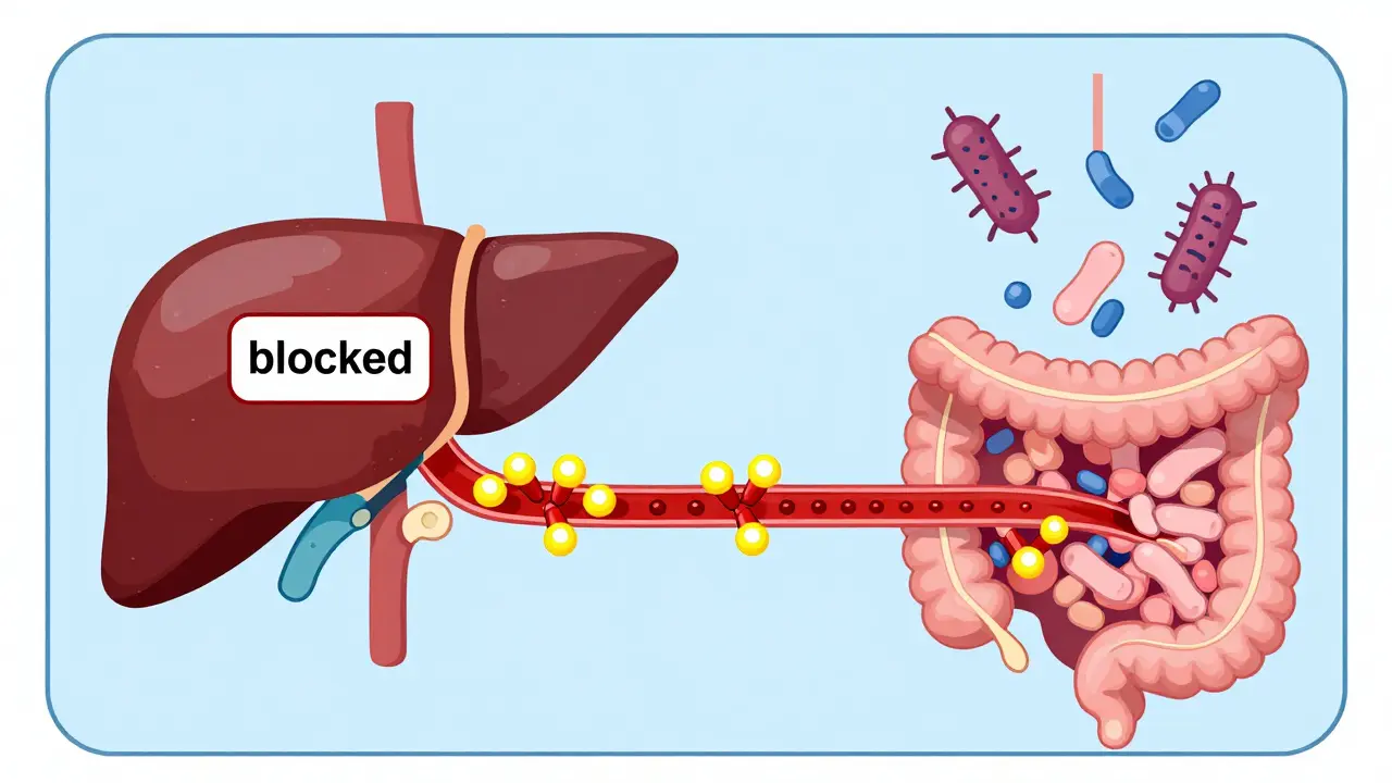 Technical diagram showing liver enzyme blockage and protein displacement in the bloodstream.