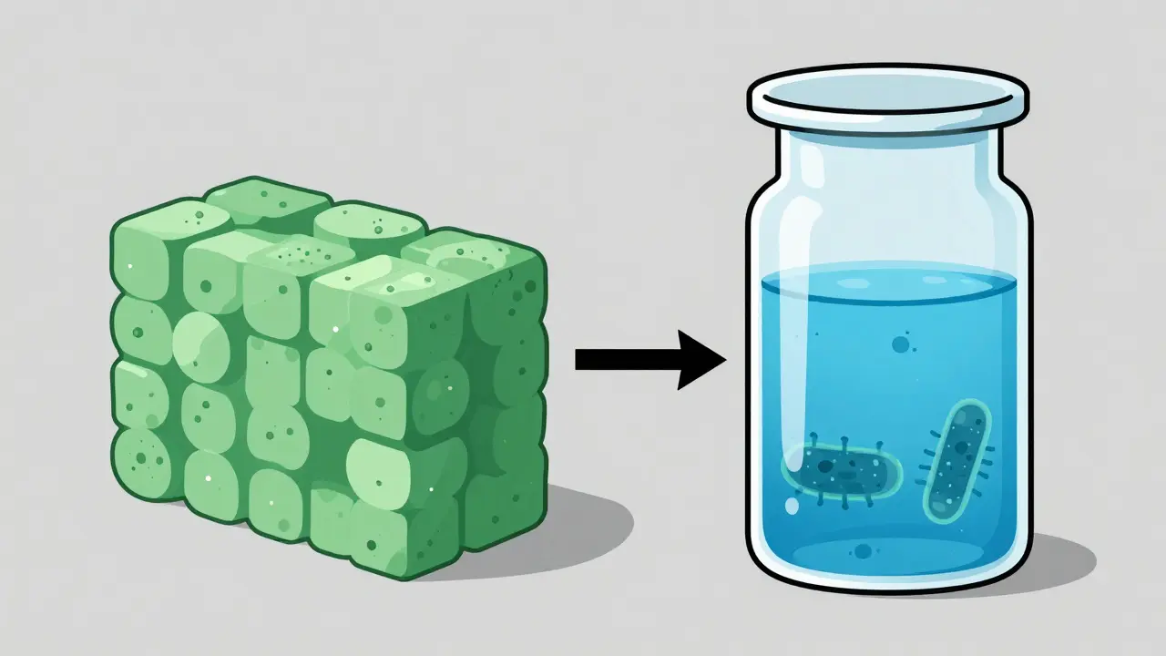 Technical drawing comparing stable solid tablets to unstable liquid medicine
