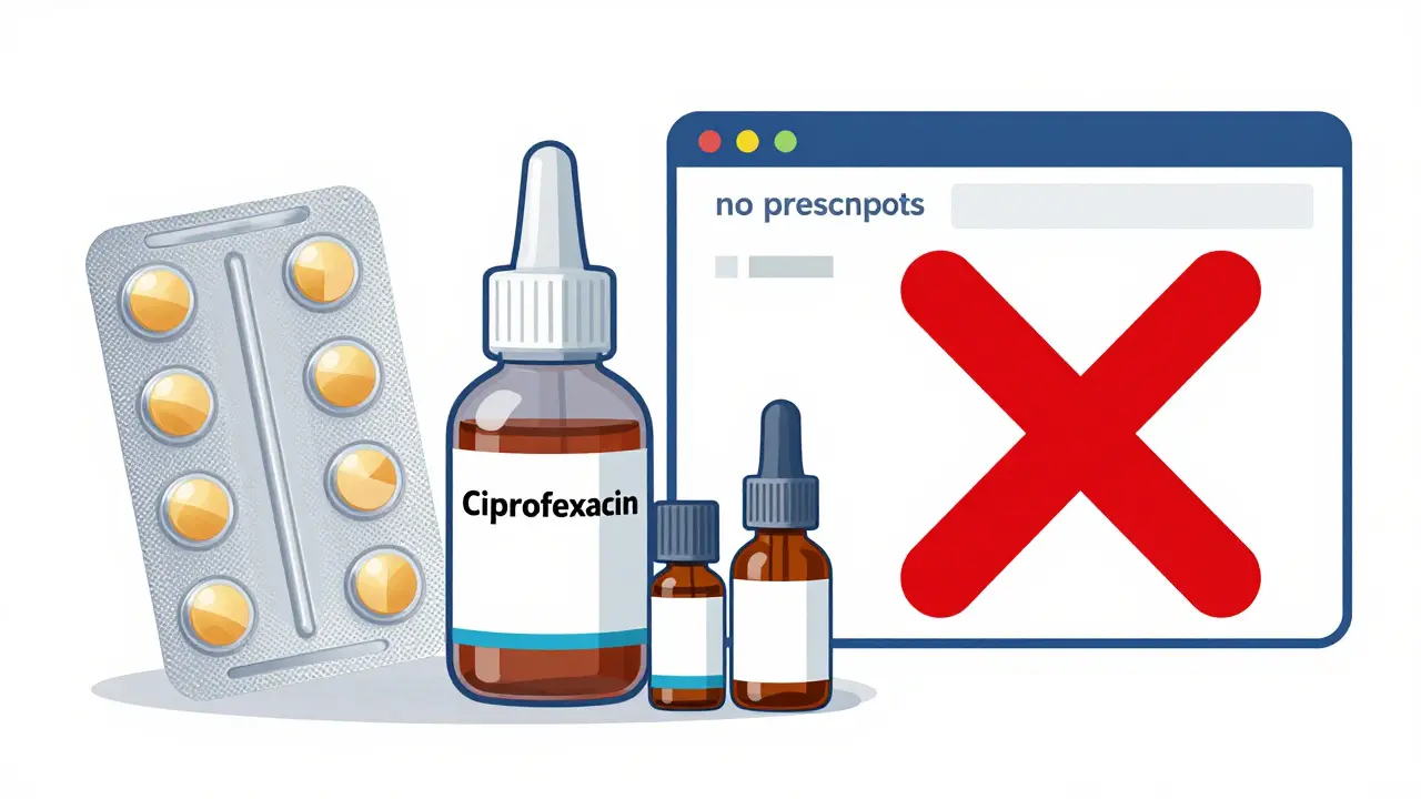 Various forms of ciprofloxacin medication next to a warning against prescription-free sites